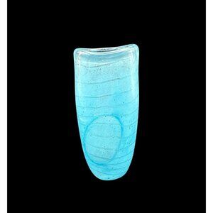 Vintage 1993 Rod Sounik Hand Blown Art Glass Vase Blue Swirl Signed #18  5in H